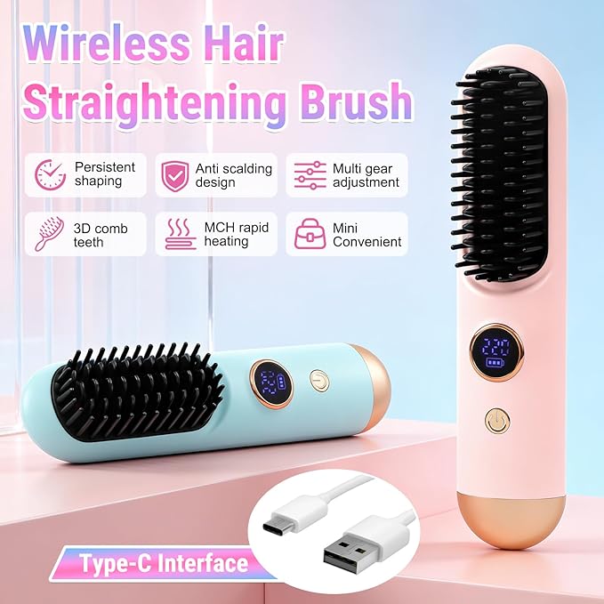 2026 Hair Straightener Brush Cordless Hair Straightener Brush for Short Hair Mini Portable Travel Straightening Hair Comb Brush with 9 Temps Fast Heating for Women All Hair Types (Pink)
