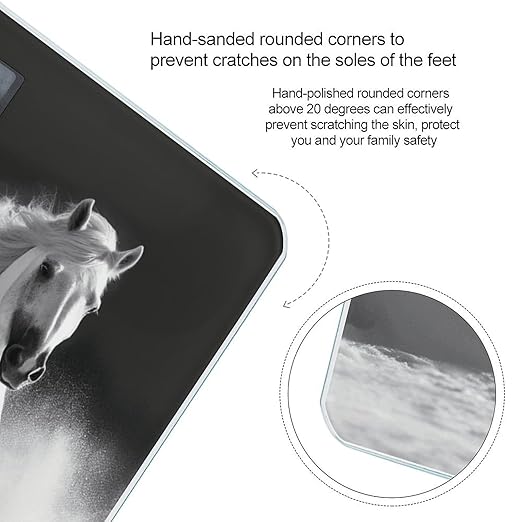 Black and White Horses Running Scale for Body Weight Safe Rounded Corners Tempered Glass Digital Bathroom Scale LED Display 400lb Capacity Weight Scales with High Precision Sensors