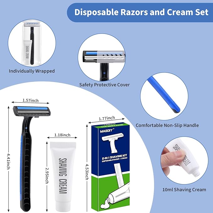 60 Pack Disposable Razors Bulk for Men with Travel Shaving Cream Homeless Supplies Bulk Twin Blade Travel Razors and Shaving Cream Kit Individually Wrapped Toiletries for Hotel Airbnb Church