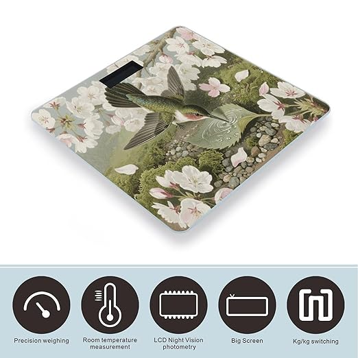 Spring Hummingbirds Bathroom Scale for Body Weight Bathroom Digital Electronic Weighing Scale with Back Lit LED Display Sturdy Tempered Glass Weight Watchers Scales 400lb
