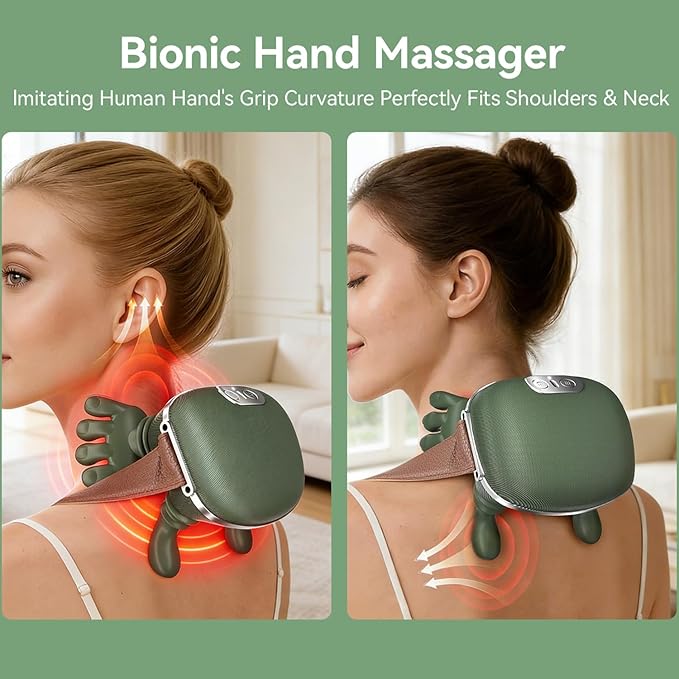 Neck Massager Bionic Heated Massager Cordless Portable Shiatsu Neck and Back Massager 4D Kneading Massage Simulated Human Hand Design for Pain Relief Deep Tissue and Muscle Relax