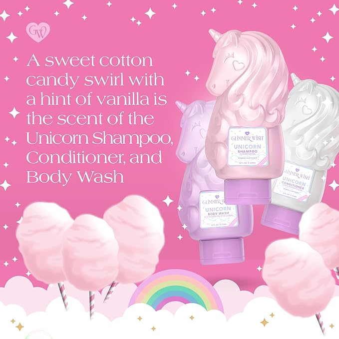 Glimmer Wish Premium Unicorn Shampoo + Conditioner + Body Wash Vanilla Cotton Candy Scent Dermatologist Tested Sulfate &amp Sulfite Free Paraben Free PEG &amp EDTA Free 100% Vegan Cruelty &am