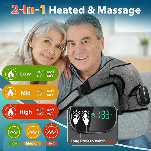 Cordless Portable Shoulder Heating Pad &amp Massager Heating Vibration Shoulder Wrap Shoulder Brace for Pain Relief Rotator Cuff Support for Men &amp Women Black&ampGrey