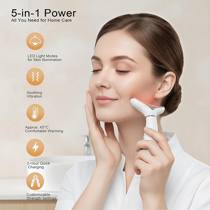 Face and Neck Massager 7-Color LED Light Beauty Tool with Heat and Vibration for Daily Skin Care at Home