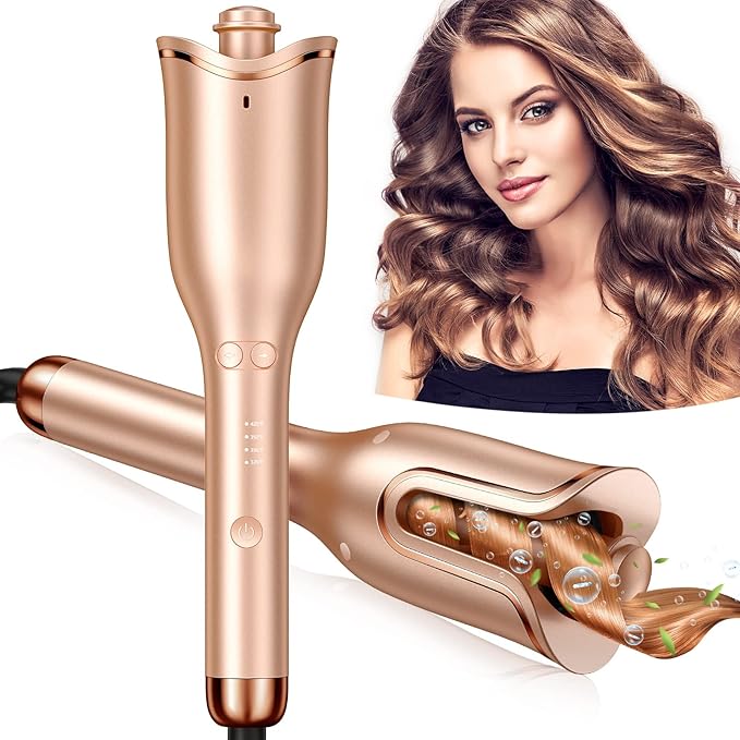Automatic Curling Iron Professional Automatic Hair Curler with 1 Curling Wand Large Slot &amp 4 Temperature &amp 3 Timer Dual Voltage Anti-Tangle Rotating Curling Iron with Auto Shut-Off for Hair