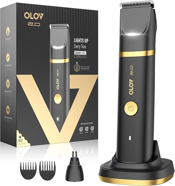 Groin &amp Body Hair Trimmer for Men - Electric Shaver for Pubic Hair Chest Legs - Ball Pubic Groomer LED Light Replaceable Ceramic Blade Heads USB-C Recharge Dock Waterproof Hygiene Razor