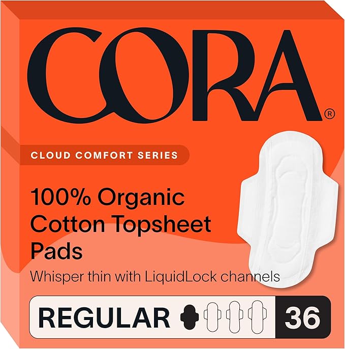 Cora Organic Feminine Care | 36 Regular Pads with Wings and a Size 2 Menstrual Period Cup | Medical Grade Silicone | Eco-Conscious | Bundle Pack