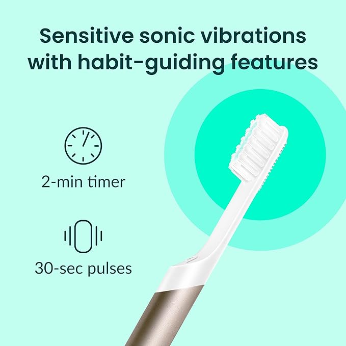 Quip Metal Sonic Electric Toothbrush for Adults - Time Travel &amp Soft Bristles with Travel Case &amp Replacement Brush Head - 3 Month Battery Life Peach Gold
