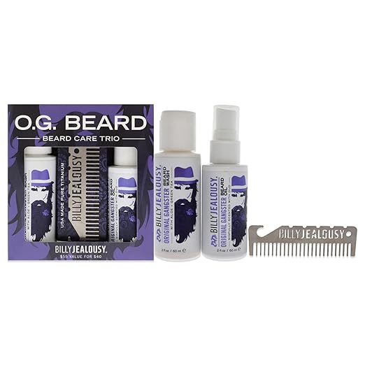 Billy Jealousy Original Gangster Beard Kit with Trave Size Beard Wash Oil and Titanium Keychain Comb to Cleanse Stengthen &amp Soften Facial Hair Oud Wood Scent