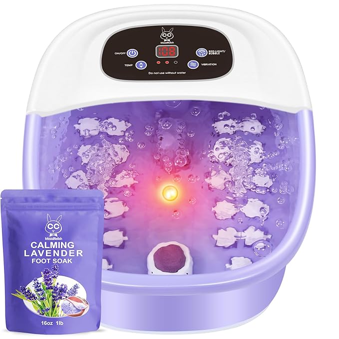 Foot Spa Bath Massager with Heat Bubbles and Vibration Massage and Jets 16 OZ Calming Lavender Foot Soak Epsom Salt MoodRelish Foot Soaker With Red Light 22 Massage Rollers Adjustable Temp -Purple