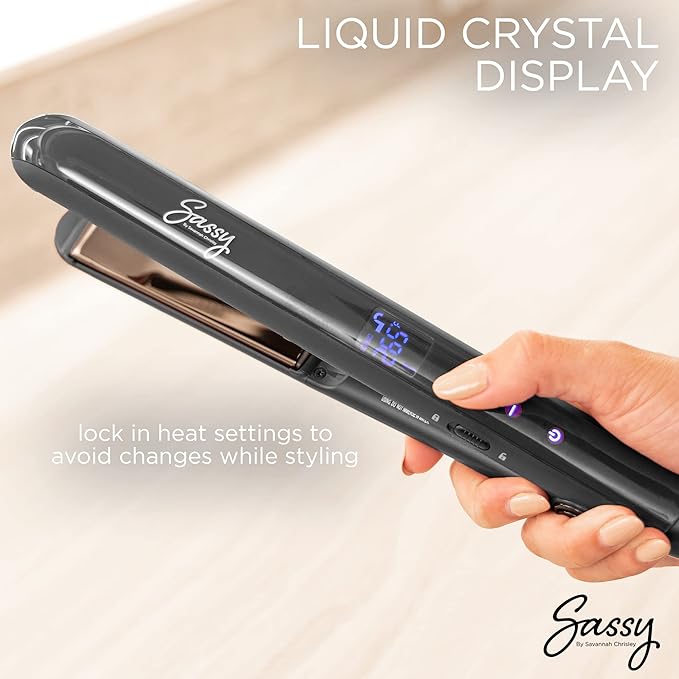 Sassy 1” Titanium Flat Iron Adjustable Heat Hair Straightener with Ion Generator Liquid Crystal Display with 10 Temperature Settings (Black)