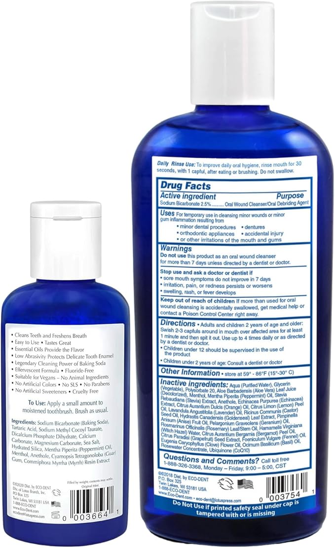 Eco-Dent Oral Care Bundle - DailyCare Baking Soda Toothpowder + DailyRinse Oral Wound Cleaner Debriding Agent Effervescent Tooth Powder &amp Mouthwash with Essential Oils Mint Flavor (2 Piece Set)