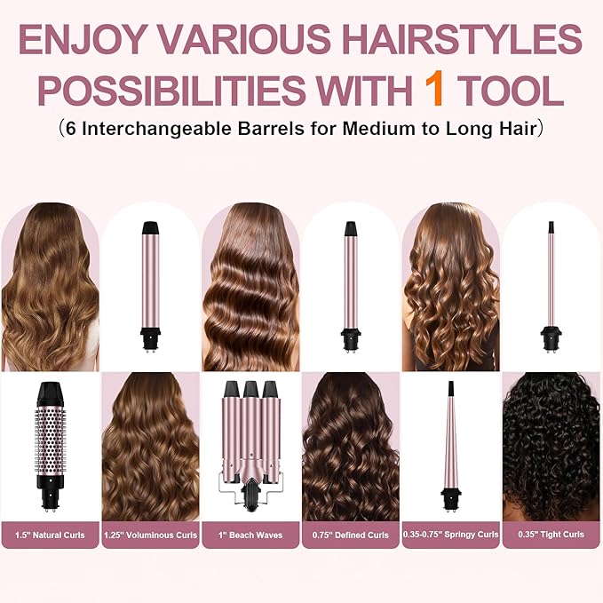 6 in 1 Wand Curling Iron Set 3 Barrel Curling Wand Set with Thermal Brush (1.5) and 5 Interchangeable Ceramic Hair Wand Curler (0.35-1.25) Home Travel Multi Curl 2 Temp 30S Instant Heat Up