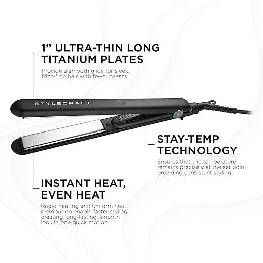 StyleCraft STAY-TEMP Professional 1-Inch Titanium Flat Iron Titanium Ultra-Thin Hair Straightener for All Hair Types