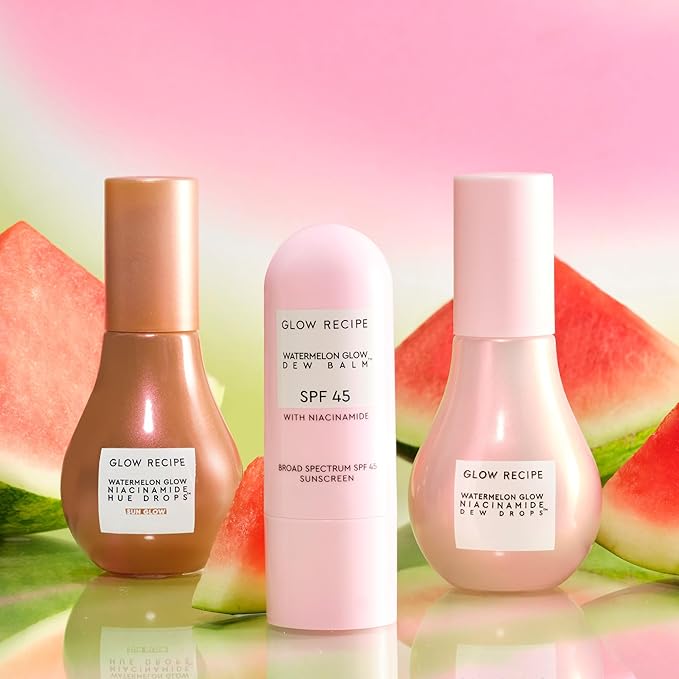 Glow Recipe Watermelon Daytime Trio - Watermelon Glow SPF Dew Balm Sunscreen (0.58 oz) + Niacinamide Dew Drops Serum with Hyaluronic Acid (40ml) + Hue Drops Tinted Serum Bronzer &amp Highlighter (40
