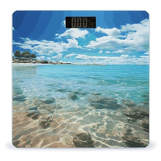 Scenic Sea Water Scale for Body Weight Anti-Slip Digital Bathroom Scale Sturdy Toughened Glass Weighing Scales High Precision Safe Rounded Corners Smart Scales