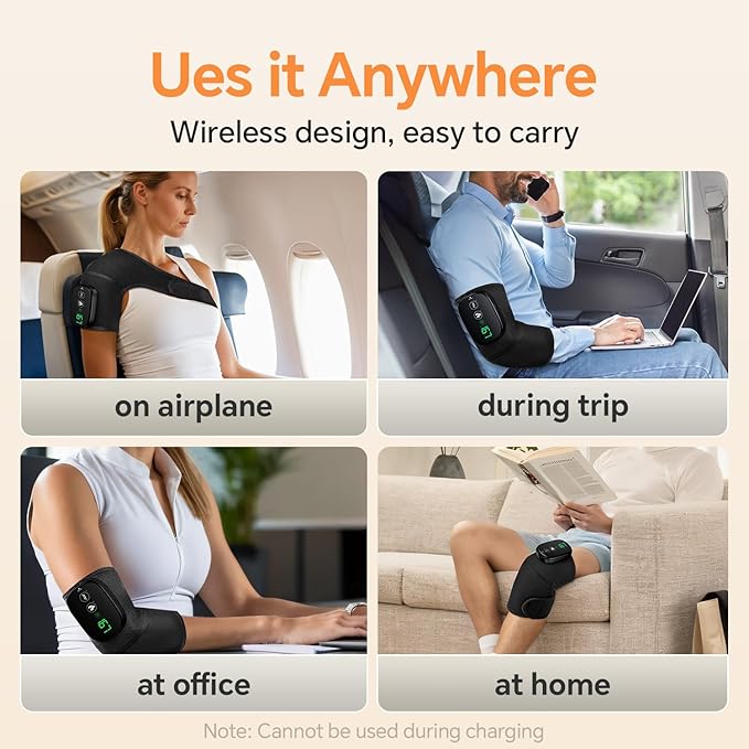 Foot Massager with Heat Knee Shoulder Elbow 3 in 1 Feet Massager Heated Knee Massager Shoulder Massager with Heat Vibration 210 mins Battery Cordless Portable Touchscreen Control (Black)