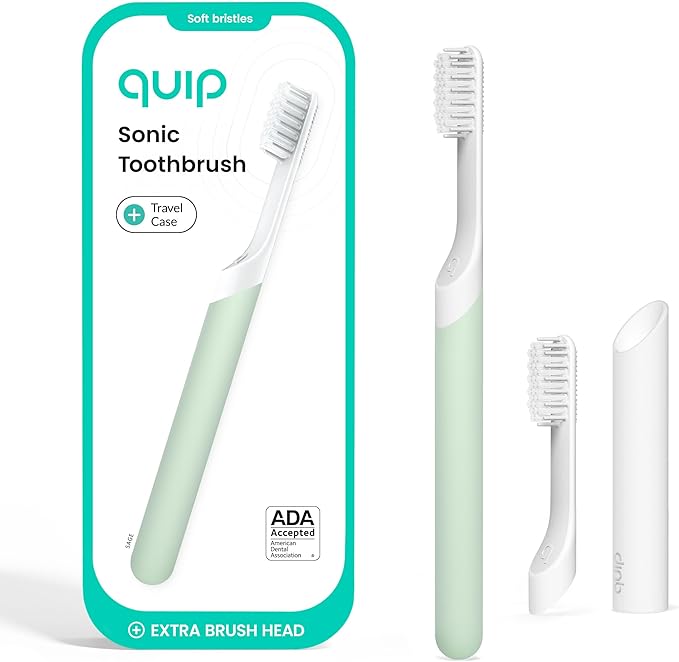 Quip Sonic Electric Toothbrush for Adults - Time Travel &amp Soft Bristles with Travel Case &amp Replacement Brush Head - 3 Month Battery Life Plastic Handle - Sage