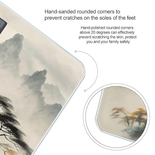 Chinese Landscape Painting Scale for Body Weight Safe Rounded Corners Tempered Glass Digital Bathroom Scale LED Display 400lb Capacity Weight Scales with High Precision Sensors