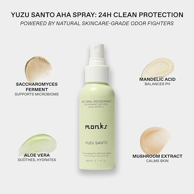 MONKS Whole Body Natural Deodorant Spray - For Women and Men Aluminum-Free Baking Soda Free Probiotics Organic AHA’s Pure Essential Oils (Yuzu Santo)