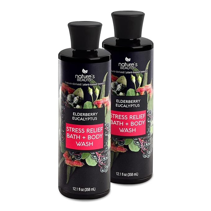 Nature's Beauty Elderberry Eucalyptus Stress Relief Body Wash Multi-Pack - Gentle Bath + Body Cleanser Restore Skin Made w/Shea Butter Avocado Oil and Sweet Almond Oil 12 fl oz (2 Pack)