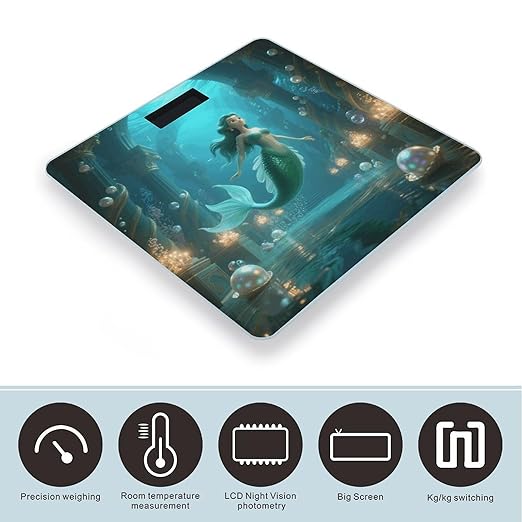Mermaid in Underwater Palace Scale for Body Weight Sturdy Tempered Glass Weighing Scales with LCD Display Accurate Digital Bathroom Scale Convenient Body Fat Smart Scales Easy Read