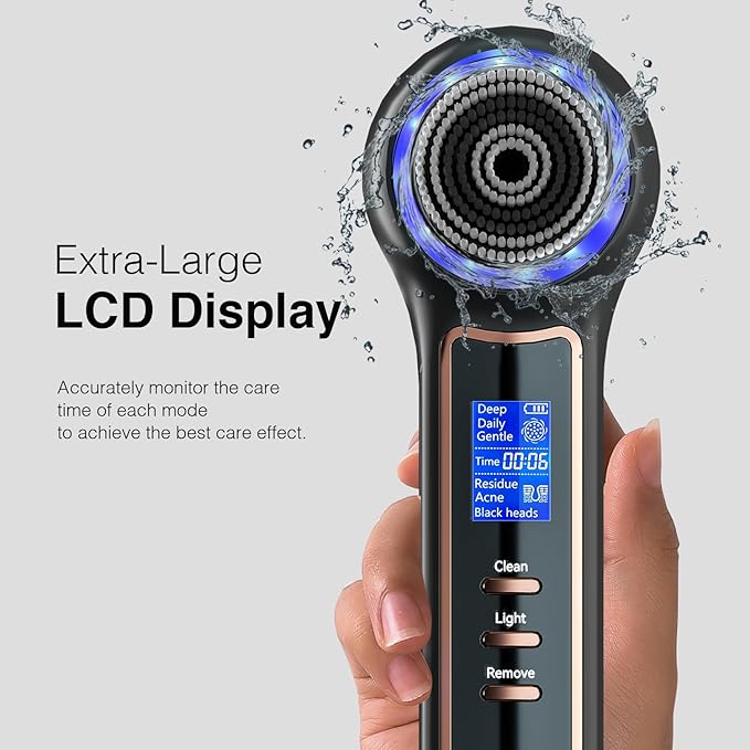 Electric Facial Cleansing Brush with LCD Screen 3-in-1 Face Scrubber &amp Optional Blackhead Remover Rechargeable IPX7 Waterproof Gentle Daily &amp Deep Cleaning for All Skin Types
