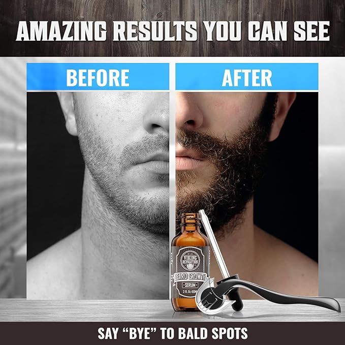 Beard Growth Kit - Oil Balm Serum Derma Roller &amp Wooden Comb for Beard &amp Mustache Growth