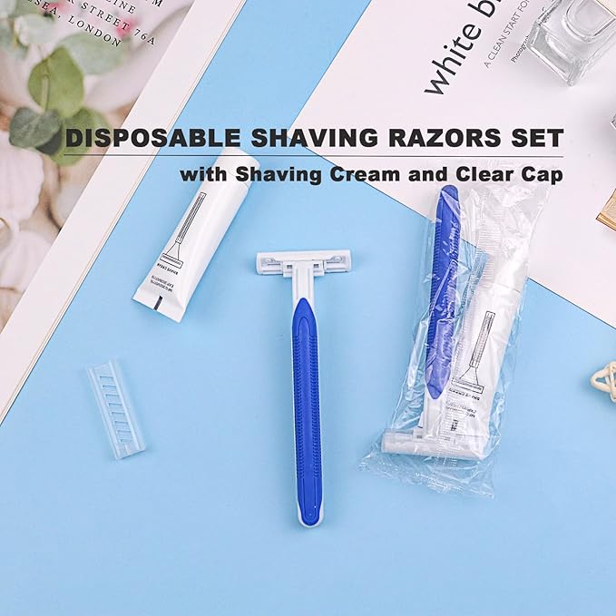 Disposable Razors in Bulk Pack of 120Blue Disposable Shaving Razors Individual Wrapped Twin Blade Bulk Disposable Razors with Clear Cap and 10g Shaving Cream for HomelessHotelTravelCharityShelter