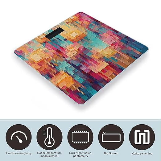 Colorful Square Pattern Digital Bathroom Scale for Body Weight with High Precision Digital Weighing Scale with BMI Clear LCD Display and Step-On Measures Weight Up to 180kg