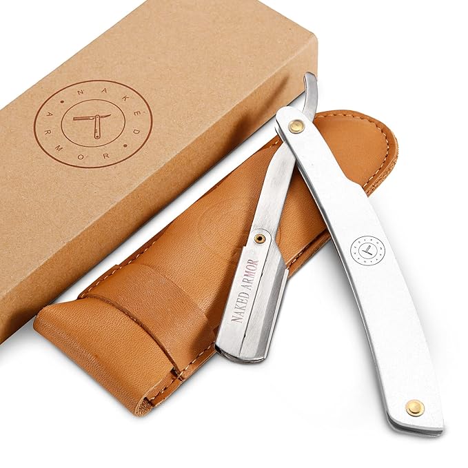 Best Shavette Straight Razor - Replaceable Blade Straight Razor Metal Handle Shavette No Stropping or Honing Great For Beginners Starter Blade Hygienic Close Shave Leather Case (Silver)