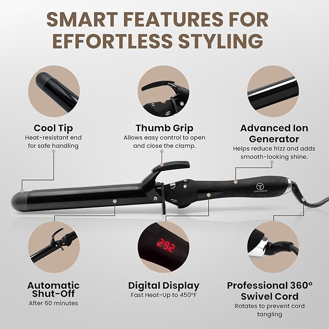 Infrared Curling Iron 1.5” Ceramic Tourmaline Long Barrel – Digital Professional Hair Curler with Ion Technology for Big Curls Beach Waves Thick Hair – Fast Heat Clamp Dual Voltage