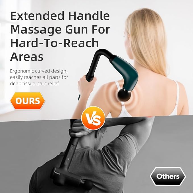 Massage Gun with Upgraded Extension HandleBack Massage Gun Deep TissueBack Massager for Pain Relief for Muscles Neck Shoulders Waist Arm Legs Foot4 Replaceable Heads &amp 9 Speeds (Green)