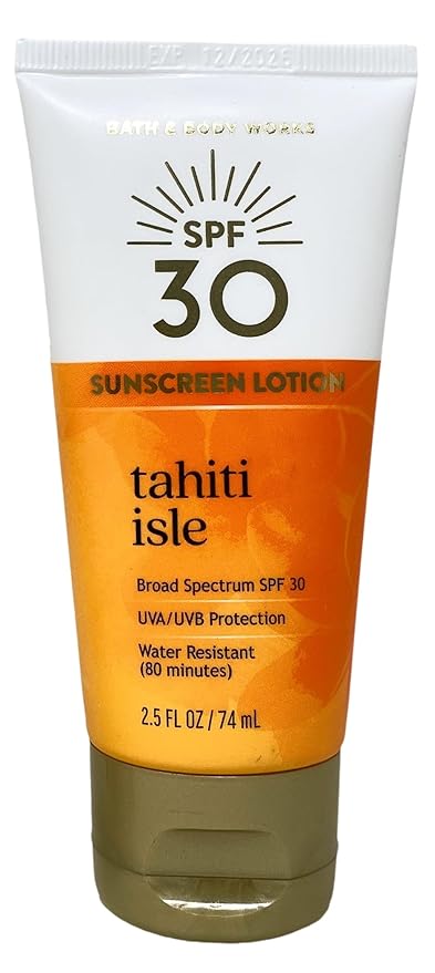 Bath &amp Body Works Tahiti Isle 2 SPF 30 Sunscreen Lotions Travel Size with a Peach Gardenia Sample Soap