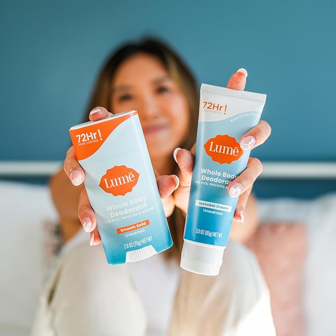 Lume Whole Body Deodorant - Invisible Cream and Solid Unscented - 72 Hour Odor Control - Aluminum &amp Baking Soda Free Skin Safe - 3 oz Cream &amp 2.6 oz Solid Bundle