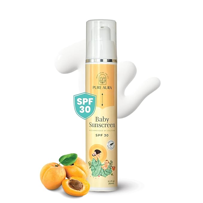 Pure Aura Baby Sunscreen 50 gm | SPF 30 Kids Sunscreen | 100% Mineral &amp Ayurvedic | Chemical-Free | Outdoor Safe | Sensitive Skin Friendly | Doctors Recommended | 6M to 8 Yrs