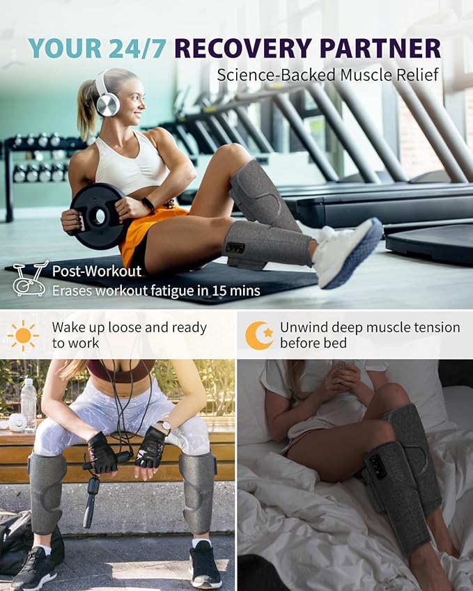 Wireless Leg Massager - Air Compression Cordless Calf Massager with Heat for Circulation Pain Relief and Recovery 4 Modes &amp 3 Intensities Portable and Adjustable (Gray Set of 2)
