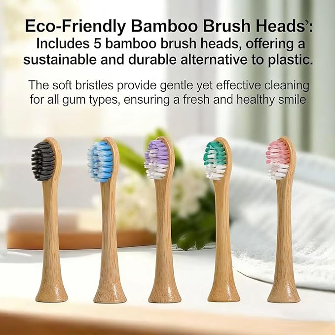 Oscillating Ultrasonic Electric Toothbrush with Bamboo Brush Heads (5 Pack) Sweeping &amp VibratingType-C Rechargeable IPX7 Waterproof 4 Modes for Optimal Oral Care - Perfect Holiday Gift