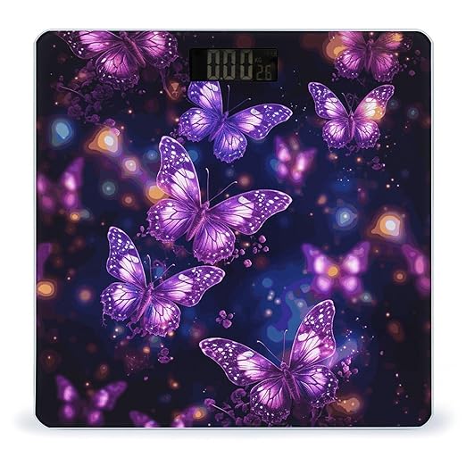 Purple Cute Butterfly Print Bathroom Scale for Body Weight Bathroom Weighing Scale with Backlit LCD Display Highly Accurate Measures Weight Up to 180kg