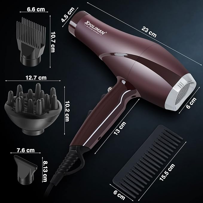 Xpoliman 2000 Watt Hair Dryer Negative Ionic Blow Dryer with Diffuser Concentrator Comb 2 Speed 3 Heat Settings Low Noise Long Life Style-Brown/Purple