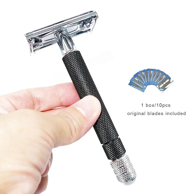 Classic Butterfly Twist-to Open Double Edge Safety Razor Wet Face Hair Shaver Machine with 10 Platinum Super Blades Refills for Smooth and Close Shaves