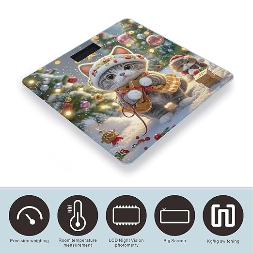 Cute Cat Sing Christmas Carols Bathroom Scale for Body Weight with High Precision Large LCD Backlight Display Digital Weighing Scale with BMI Capacity Up to 180kg