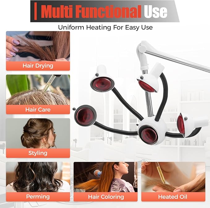 750W Professional Hair Dryer Wall Mounted Hair Dryer with Infrared Heat Bulbs 5 Head Salon Hairdressing Beauty Treatment for Hair Care Coloring Drying Baking