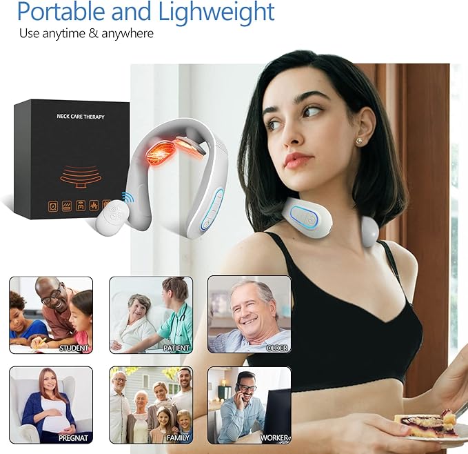 Electric Pulse Neck Massager with Heat for Pain Relief 10 Modes 15 Intensities Therapy Deep Tissue Trigger Point Intelligent Massager Cordless Gifts for Men Women