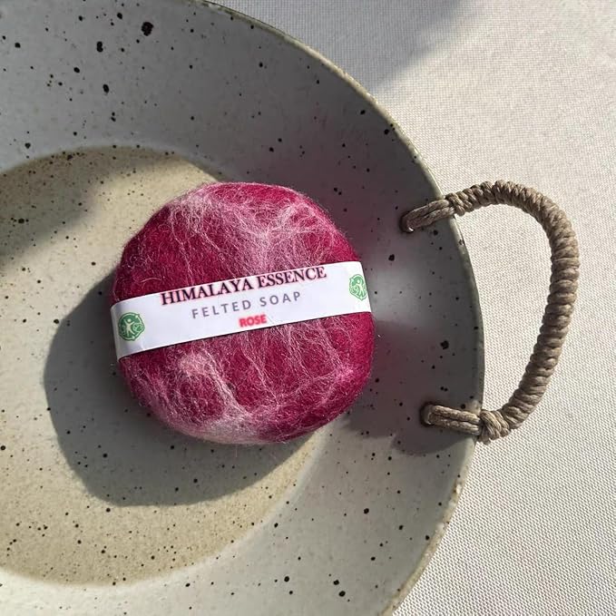 Handmade Felted Essential oil SoapHandcrafted Felted SoapUnique Bathroom DecorTibetan Yak Milk and WoolFacial Cleanser Body Wash 100g (Rose)