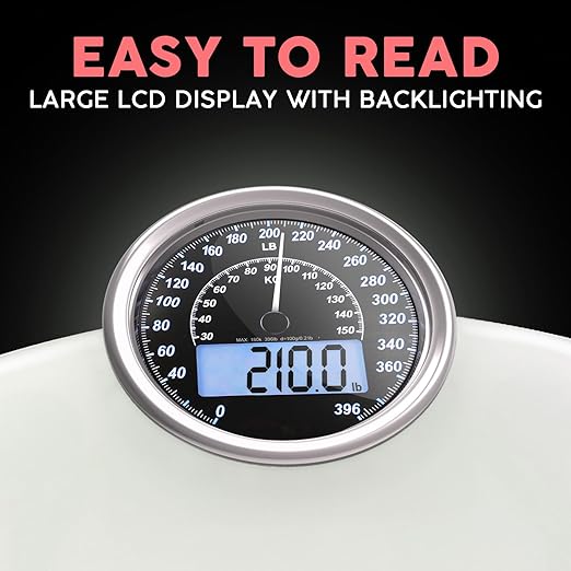 Adamson Hybrid 2-in-1 Analog &amp Digital Weighing Scale for Body Weight up to 400lbs + Thick Tempered Glass + Extra Large Display + Easy to Read Digital Bathroom Scale + New - White