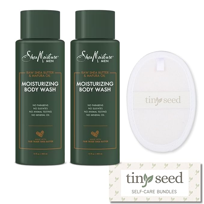 TINY SEED 2-Pack of Shea Body Wash. Raw Shea Butter &amp Mafura Oil Moisturizing Body Wash Cleanser For Men. Two 15 oz. Bottles Bundled with Natural Loofah Exfoliating Body Scrubber.