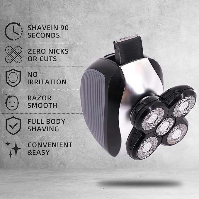 Head Shaver for Bald Men Cordless Rechargeable Electric Razor for Men with 5 Dual Track Heads Wet/Dry Use Body Hair Trimmer Black+silver