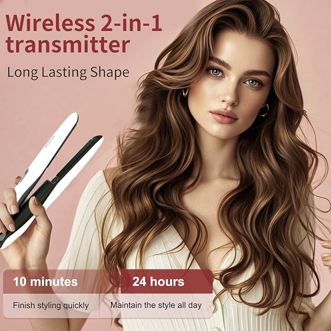 Cordless Hair Straightener 2-in-1 Straightener &amp Curler with 6 Temperature Settings Negative Ions USB Rechargeable for Travel（White）