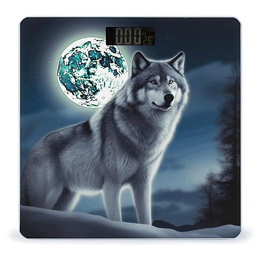 Wolf Under Moon Bathroom Scale Large LCD Backlight Display Digital Scale Rounded Corners Body Scales Automatic Power On/Off Bathroom Scales for Home Bedrooms